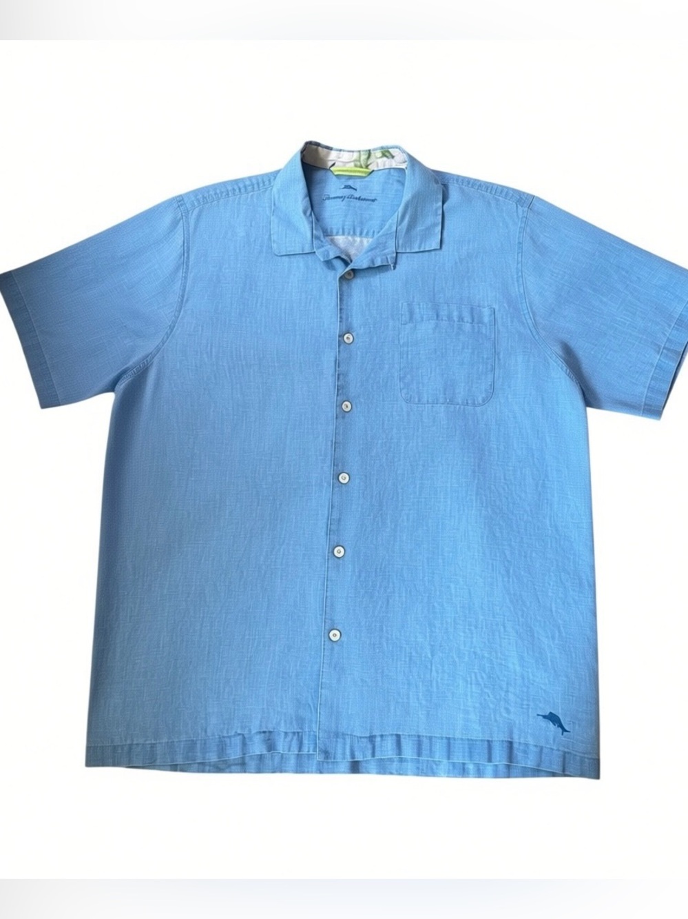 Tommy Bahama Sea Glass Blue Linen Button Up Camp Shirt Mens XLT Short-Sleeve Top